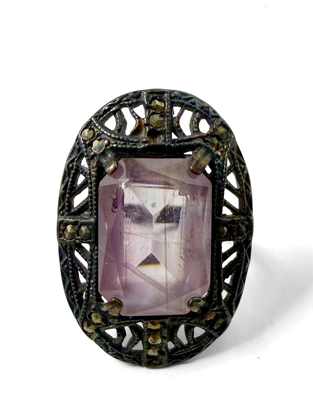 Art Deco Sterling Silver Marcasite Purple Glass Stone Ring Size 2